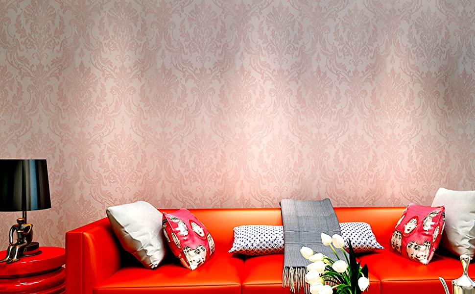 HANMERO Classic Glitter Damask Wallpaper Roll for Bedroom Living Room Pink