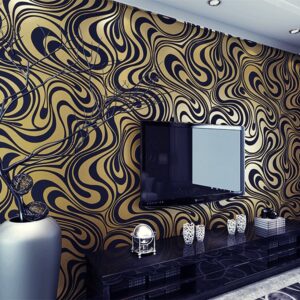 HANMERO Modern Minimalist Abstract Curves Glitter Non-woven 3D Wallpaper For Bedroom Living Room TV Backdrop Golden & Black