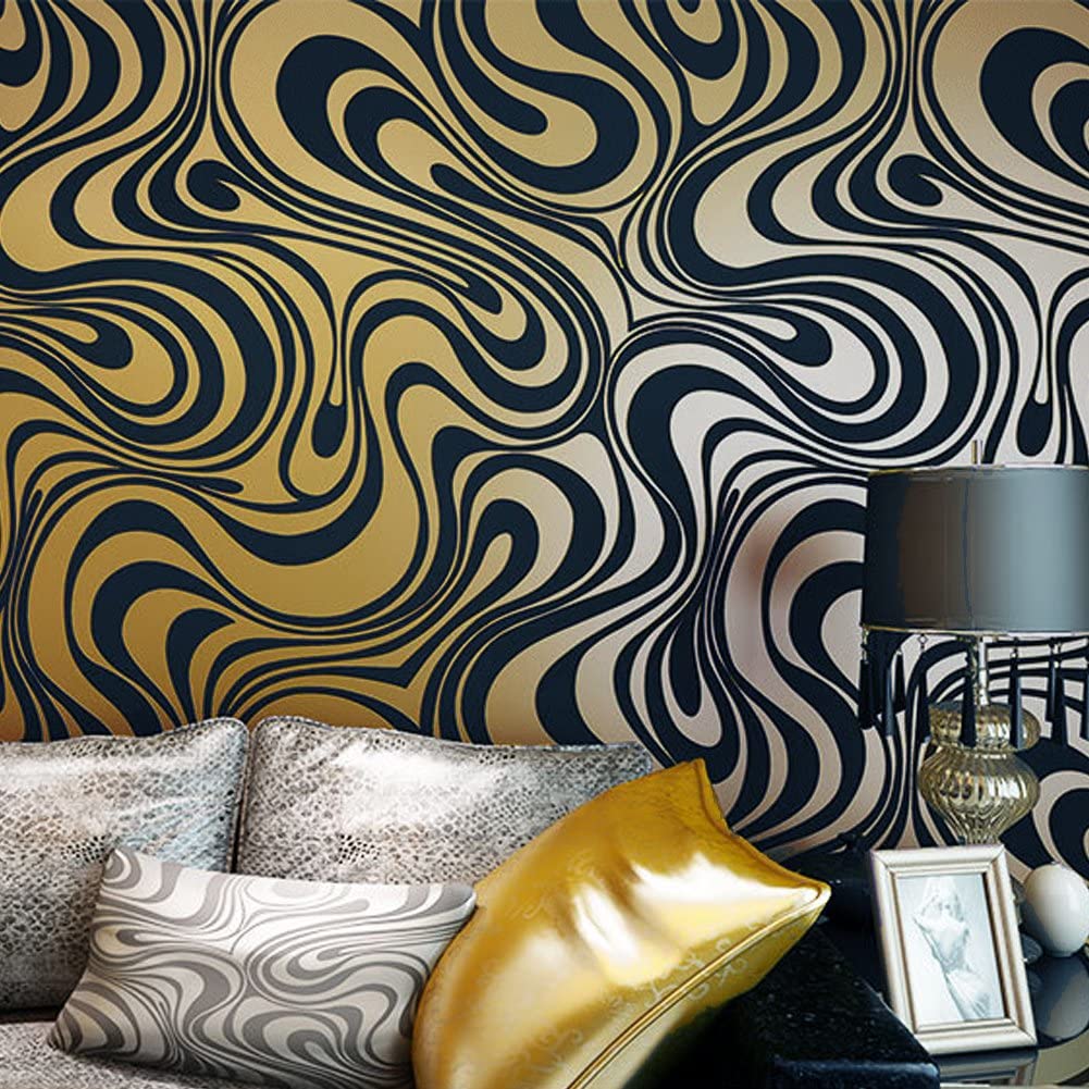 Hanmero Minimalist Abstract Curves Glitter 3D Wallpaper Gold&Black