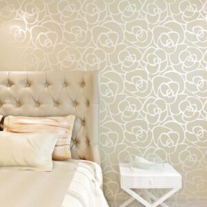 Hanmero Romantic Rose 3D Flower Pattern Embossed Flocking Wallpaper Silver - Image 2