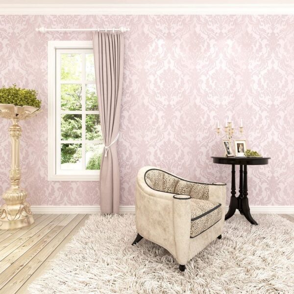 HANMERO 10m Classic Nonwoven Glitter Flocking Textured Damask Wall Paper Roll for Bedroom Living Room Pink