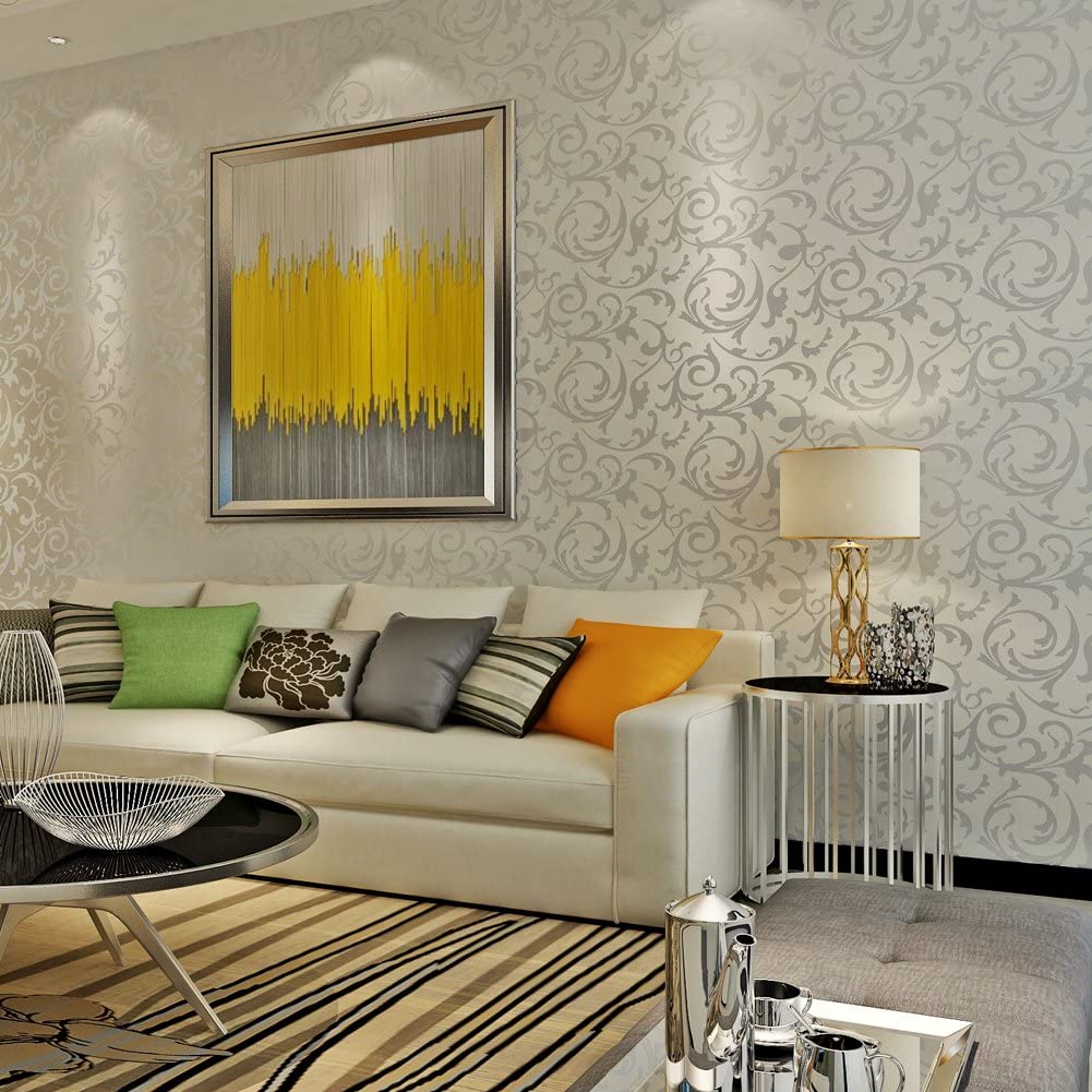 Hanmero Flocking Victorian Damask Embossed Wallpaper Silver & Grey