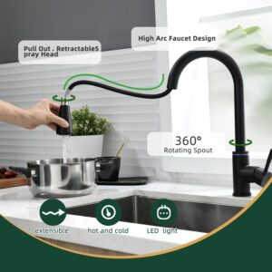 Homesbrand Kitchen Sink Mixer Tap With Touchable Water Temperature Adjustment 360 Swivel Pre-Rinse Matte Black - Image 5
