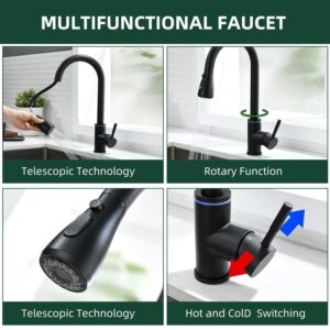 Homesbrand Kitchen Sink Mixer Tap With Touchable Water Temperature Adjustment 360 Swivel Pre-Rinse Matte Black - Image 7
